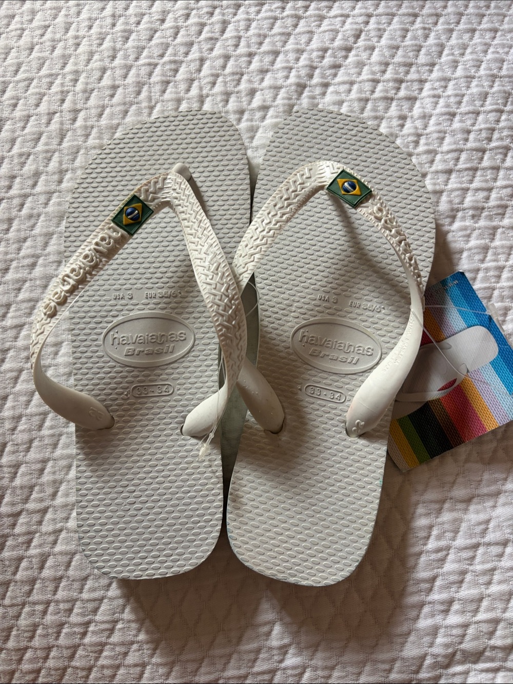 Havaianas White Flip Flops with Brazilian Flag Detail
